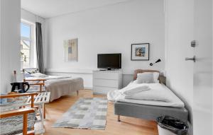 una camera bianca con letto e TV di Lovely Home In Kolding With House A Panoramic View a Kolding