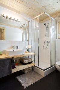 a bathroom with a glass shower and a sink at TatryTOP Chatka Kratka in Zakopane