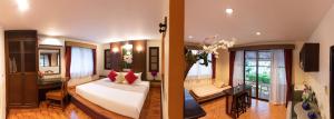 two pictures of a bedroom with a bed and a living room at Aochalong Villa Resort & Spa - SHA Plus in Chalong +181 photos