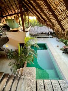 uma piscina num resort com telhado de palha em Casa KUUL, elegant fusion of house and garden. em Puerto Escondido