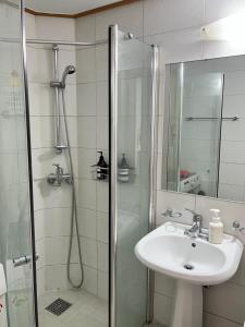 La salle de bains est pourvue d'un lavabo et d'une douche en verre. dans l'établissement 1 Minute house from Hongdae, à Séoul