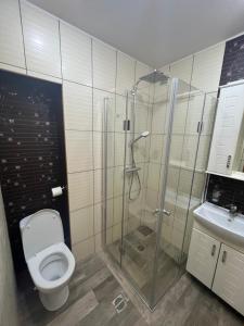 y baño con ducha, aseo y lavamanos. en Lviv's University Apartments, en Leópolis