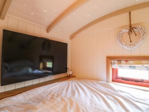 a bedroom with a large flat screen tv on the wall at Bonnie's Shepherds Hut in Nottingham