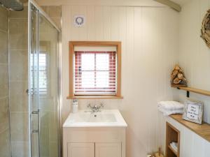 a bathroom with a sink and a shower at Bonnie's Shepherds Hut in Nottingham