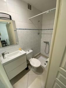 uma casa de banho com um WC, um lavatório e um chuveiro em La Caverne - Studio au Capitole em Toulouse