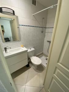 a bathroom with a toilet and a sink and a mirror at La Caverne - Studio au Capitole in Toulouse