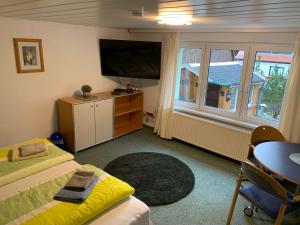 a bedroom with a bed and a table and a television at Haus Bergfriede in Bad Schandau