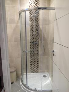 La salle de bains est pourvue d'une douche avec une porte en verre. dans l'établissement Telerues, à Nice