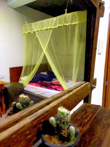 a wooden bed with a canopy with cactuses at Rock Paradise Homestay in Ella