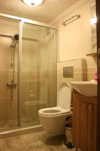 a bathroom with a shower and a toilet and a sink at Marmara Apartments in Istanbul