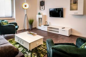 ein Wohnzimmer mit einem Sofa und einem TV in der Unterkunft komfortable Ferienwohnung in Halle-Kröllwitz 2 in Kröllwitz