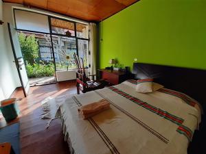 una camera da letto con un grande letto con una parete verde di Lodge Du Chateau a Gonder