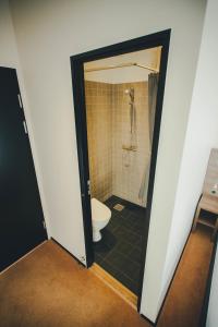 a bathroom with a toilet and a shower stall at Hotel Jomfru Ane in Aalborg