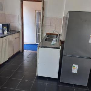 a kitchen with a sink and a refrigerator at Alo guesthouse in Pietermaritzburg