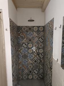 ein Bad mit einer Dusche und einer Mosaikwand in der Unterkunft Casa Ribes in Santo Stefano al Mare