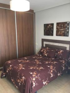 a bedroom with a bed with a brown comforter at Apartamento nuevo en pleno centro. in Carboneras