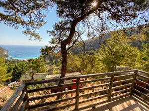 a view of the ocean from a wooden fence at Tree Houses Hotel in Fethiye