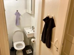 a small bathroom with a toilet and a sink at Spacious (44 sqm) bohemian studio in trendy Kallio in Helsinki