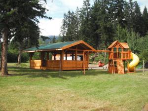 a log cabin with a slide and a playground at Tete Jaune Lodge in Tete Jaune Cache