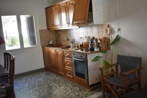 a kitchen with wooden cabinets and a stove top oven at Blackbeard's House - Kastri Crete in Kastrí