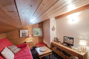 ein Wohnzimmer mit einem roten Sofa und einem TV in der Unterkunft Résidence Clos des Etoiles in Chamonix-Mont-Blanc