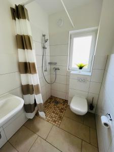 a bathroom with a shower and a toilet and a window at Helles Ferienhaus Storchenblick in Buchholz Aller