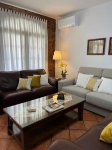 Sala de estar con 2 sofás y mesa de centro en Casa Rural Mijarra **** en Herrera del Duque