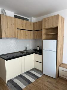 a kitchen with white cabinets and a white refrigerator at Sea View Mario's Studio in Sakës