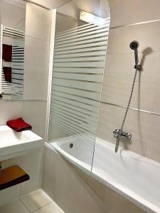 a bathroom with a shower and a tub and a sink at Plage Brookforest Apartman in Hajdúszoboszló