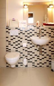 a bathroom with a toilet and a sink at Gästehaus Catherine in Zierenberg