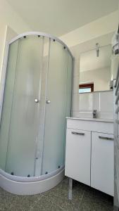 a glass shower in a bathroom with a mirror at Apartments Katrca Bežigrad in Ljubljana