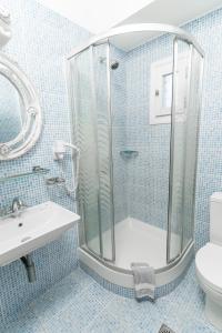 a blue tiled bathroom with a shower and a toilet at Xenios Zeus in Skála Nikíta