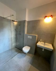 ein Bad mit einer Dusche, einem WC und einem Waschbecken in der Unterkunft Red&Black Apartment City centr, Na Hradbách 118 in Ostrava