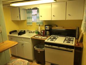 uma pequena cozinha com um fogão e um lavatório em Rustic BEACH FRONT Basement Apt, Pet Friendly Wi-Fi apts em North Camellia Acres