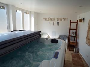 a bedroom with a large swimming pool in a room at Gîte de Léonie Moulin de Tartay en Avignon in Avignon