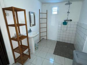 a bathroom with a sink and a toilet and a mirror at Ti Caz de Ness in Saint-Leu