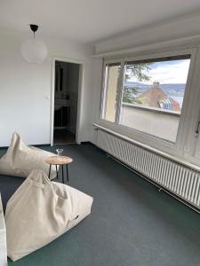ein Wohnzimmer mit einem großen Fenster und einem Tisch in der Unterkunft Bethaniaweg in Rüschlikon