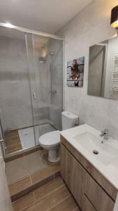 uma casa de banho com um chuveiro, um WC e um lavatório. em Nuevo apartamento en la playa de Castelldefels! em Castelldefels