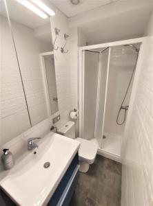 ein Bad mit einem Waschbecken, einer Dusche und einem WC in der Unterkunft Vive Triana in Sevilla