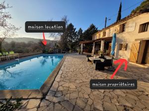 une piscine située à côté d'un bâtiment avec les mots « mission » dans l'établissement Maison dans la Provence Verte, à Cotignac