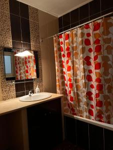 a bathroom with a sink and a shower curtain at Teo's House 2 in Kalabaka