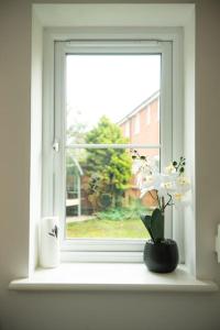 a window with a vase with flowers on a window sill at Chi-Amici-3bed home-St Neots-Near to train station in Saint Neots