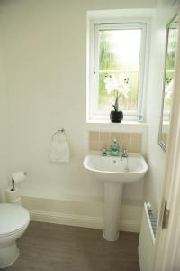 a white bathroom with a sink and a window at Chi-Amici-3bed home-St Neots-Near to train station in Saint Neots