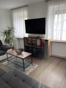 a living room with a large flat screen tv at Propeller Gästehaus OG in Eppingen