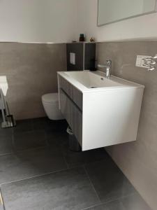 łazienka z białą umywalką i toaletą w obiekcie Propeller Gästehaus OG w mieście Eppingen