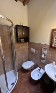 a bathroom with a toilet and a sink and a shower at La Casina in Buonconvento
