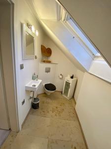 a bathroom with a toilet and a sink at Dahoam in Salzweg