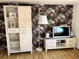 ein Wohnzimmer mit einem TV und einem weißen Schrank in der Unterkunft Das Ferienhaus mit Aussicht in Pirna