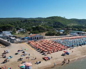 ペスキチにあるCasa Vacanze Onda Azzurra (Deluxe)の傘を持った浜辺の人々