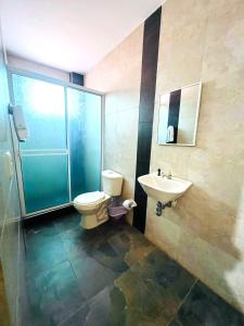 a bathroom with a toilet and a sink at Aw Hotel Palm Bay Bello Horizonte in Santa Marta